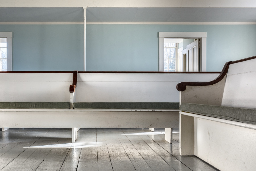 Photograph showing the interior of the Allen’s Neck Meeting House.