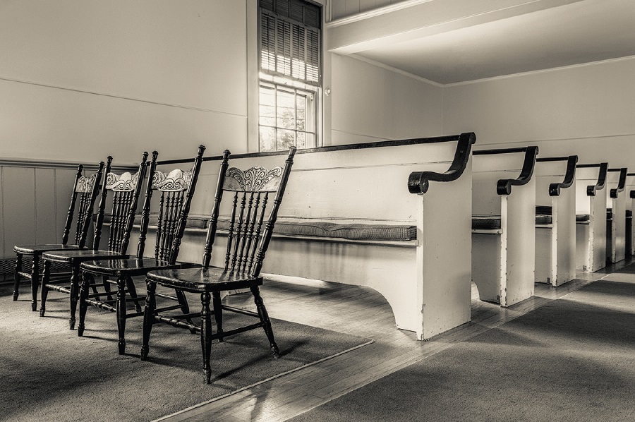 Photograph showing the interior of the Smith’s Neck Meeting House.